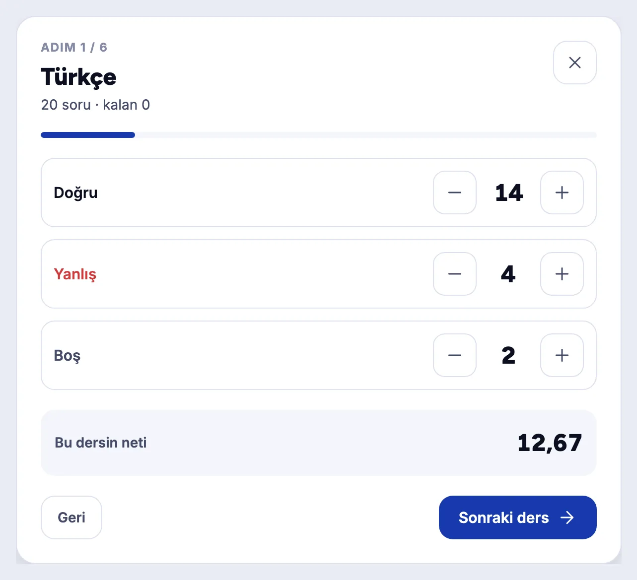 Deneme girişi ekranı: Türkçe dersi için doğru 14, yanlış 4, boş 2 girilmiş; altında bu dersin neti 12,67 olarak yazıyor.