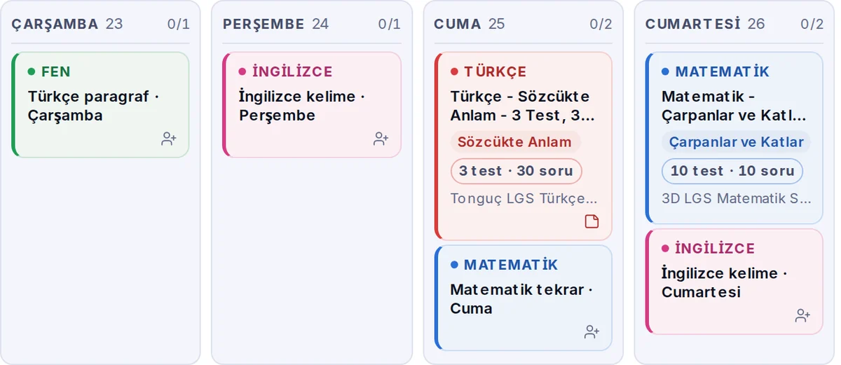 Koç panelindeki haftalık program: günler yan yana, her görev kartında ders rengi, konu çipi ve “3 test · 30 soru” gibi hedef.